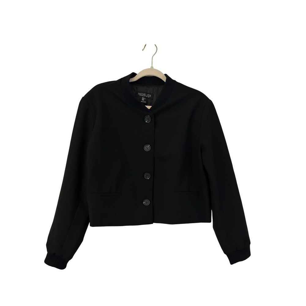 RACHEL ZOE Black Cropped Bomber Jacket Button Front Ribbed CollarCuffs Women'sXL
